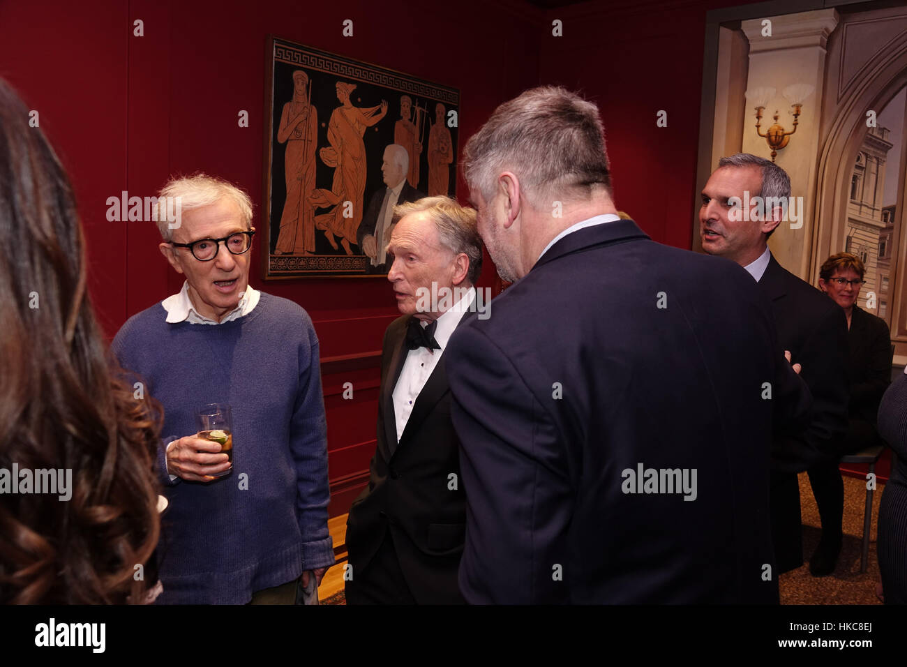 NEW YORK, NY - Woody Allen, Dick Cavett and Alec Baldwin at Dick Cavett's Birthday Celebration at a private club Stock Photo