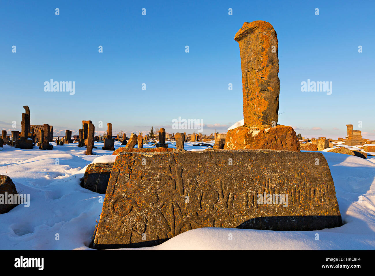 Headstones known as Khachkars in the historical cemetery of Noratus in Armenia Stock Photo