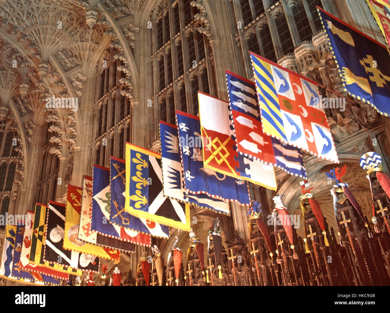 Westminster Abbey church of England interior Henry Vii Lady Chapel & heraldic banners coat of arms of knights of the Order of Bath London England UK Stock Photo