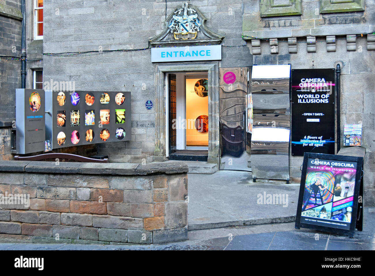 Entrance to Camera Obscura Scotland uk Scottish tourist attraction Edinburgh Old Town on the Castlehill section of the Royal Mile tourism route Stock Photo