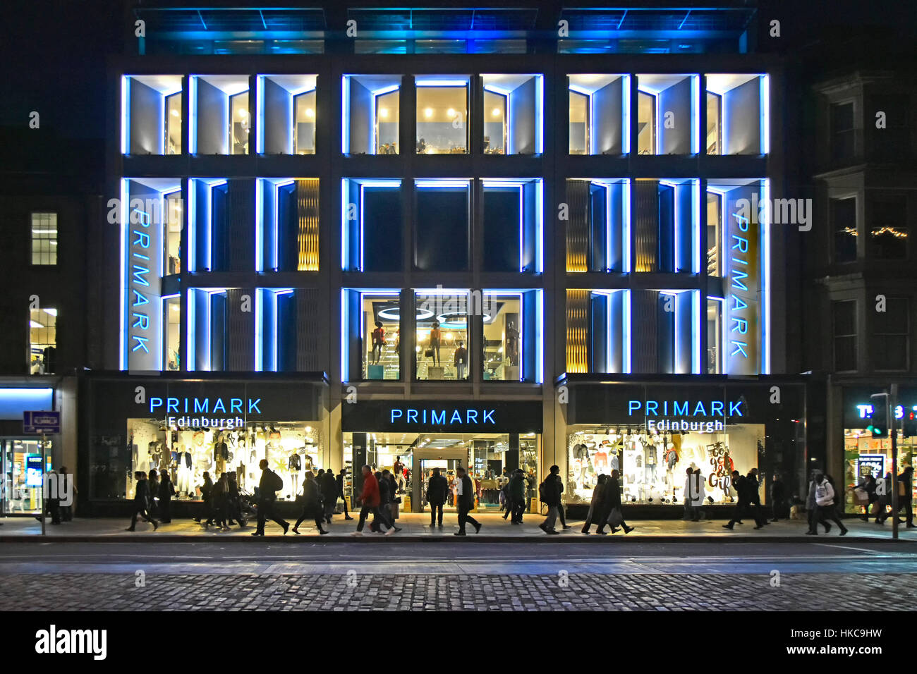 Primark retail shop Edinburgh Scotland uk city at night winter evening shopping on Princes Street (a subsidiary of Associated British Foods) Stock Photo