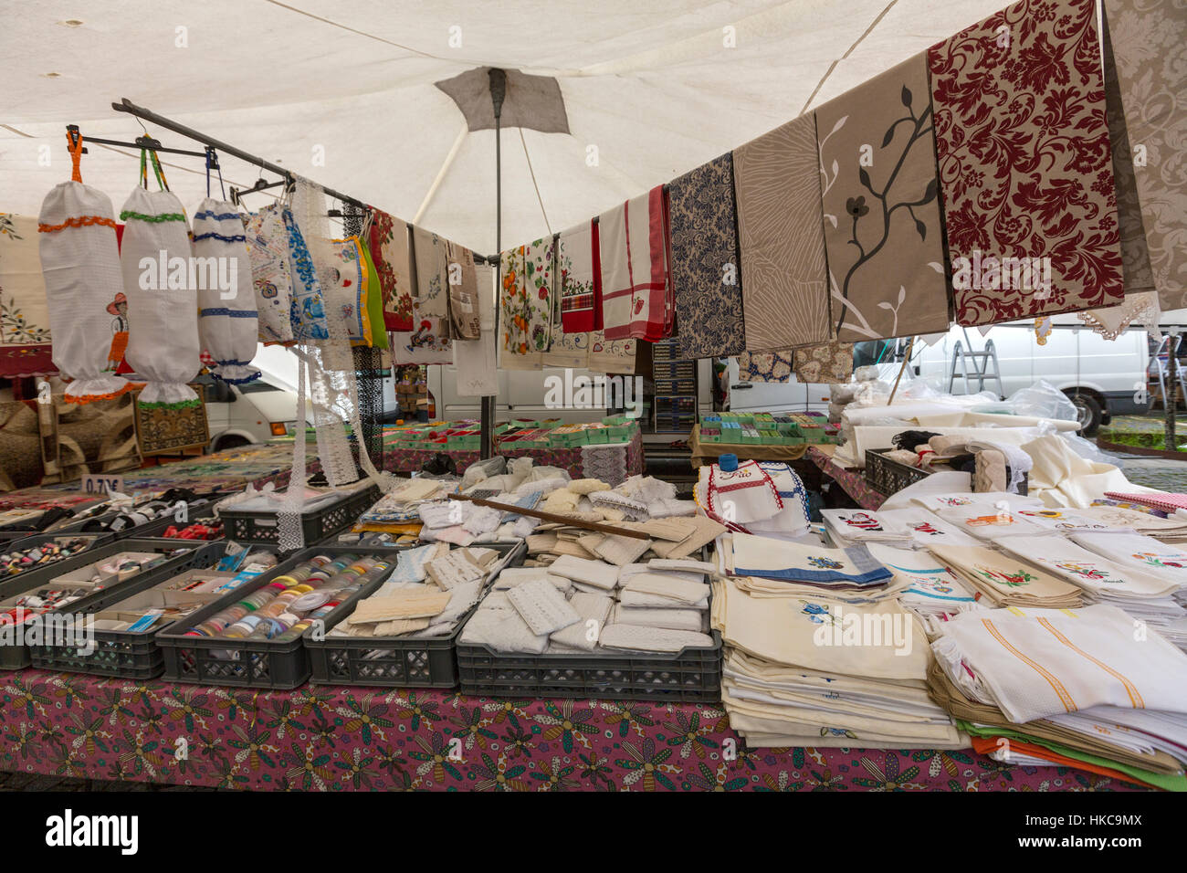 Typical Textile Stall In Vila Nova De Cerveira Market Minho Lima Portugal Stock Photo Alamy
