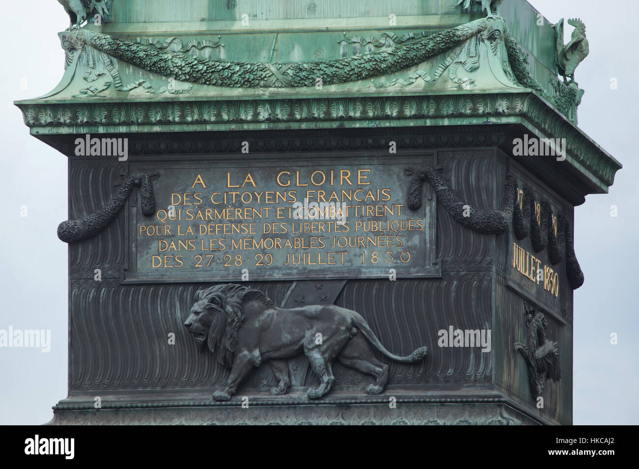 Lion by French sculptor Antoine-Louis Barye on the July Column (Colonne de Juillet) in Place de la Bastille in Paris, France. Stock Photo