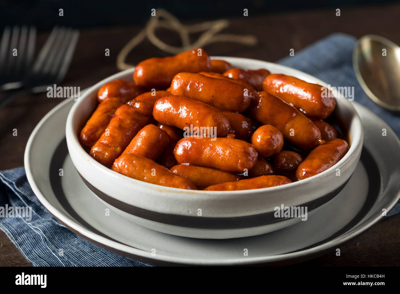 Homemade Barbecue Little Smoky Cocktail Wieners in Sauce Stock Photo