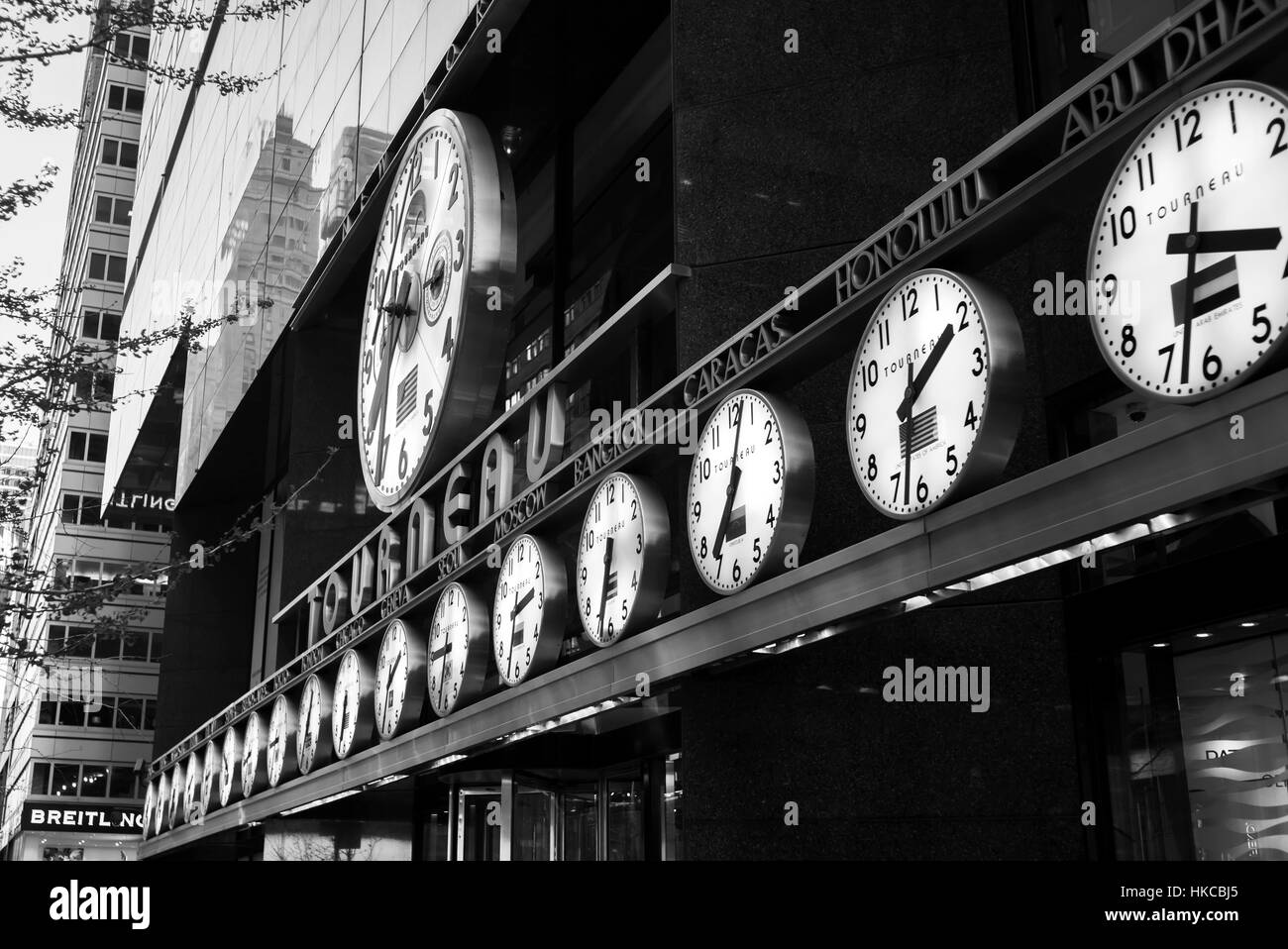Clocks in a row showing times around the world, East 57th Street; New