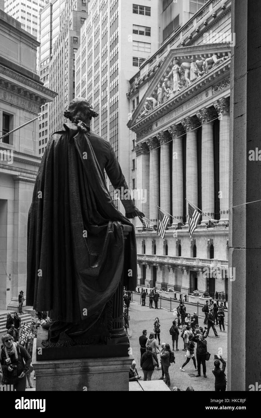 George Washington statue, New York Stock Exchange on Wall Street; New York City, New York, United States of America Stock Photo