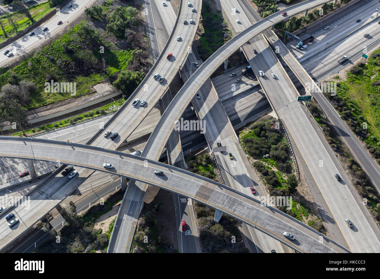 Aerial view of the Golden State 5 and 118 freeway interchange in Los 