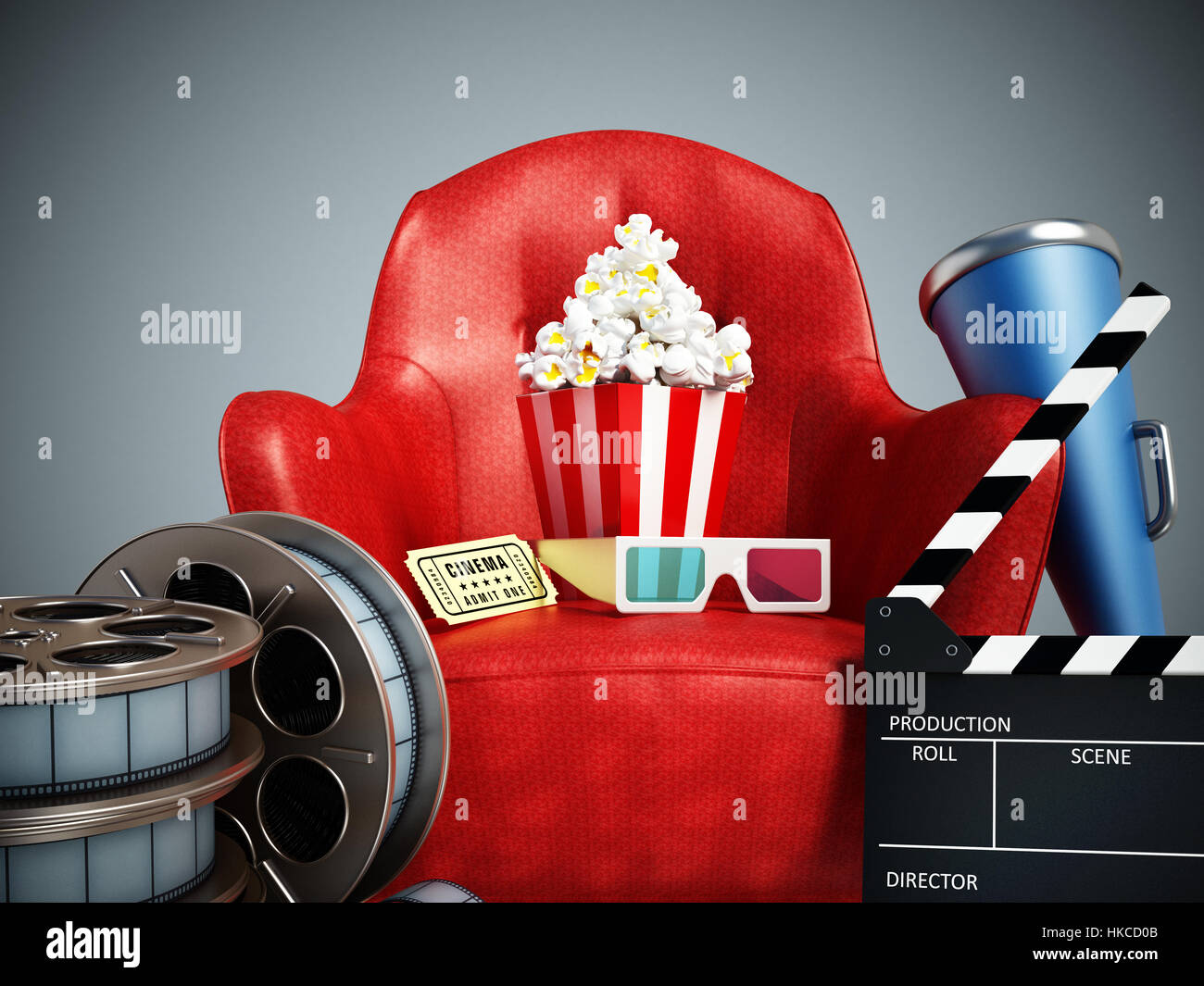 Red seat, pop corn, ticket, film reel and slate. 3D illustration Stock Photo
