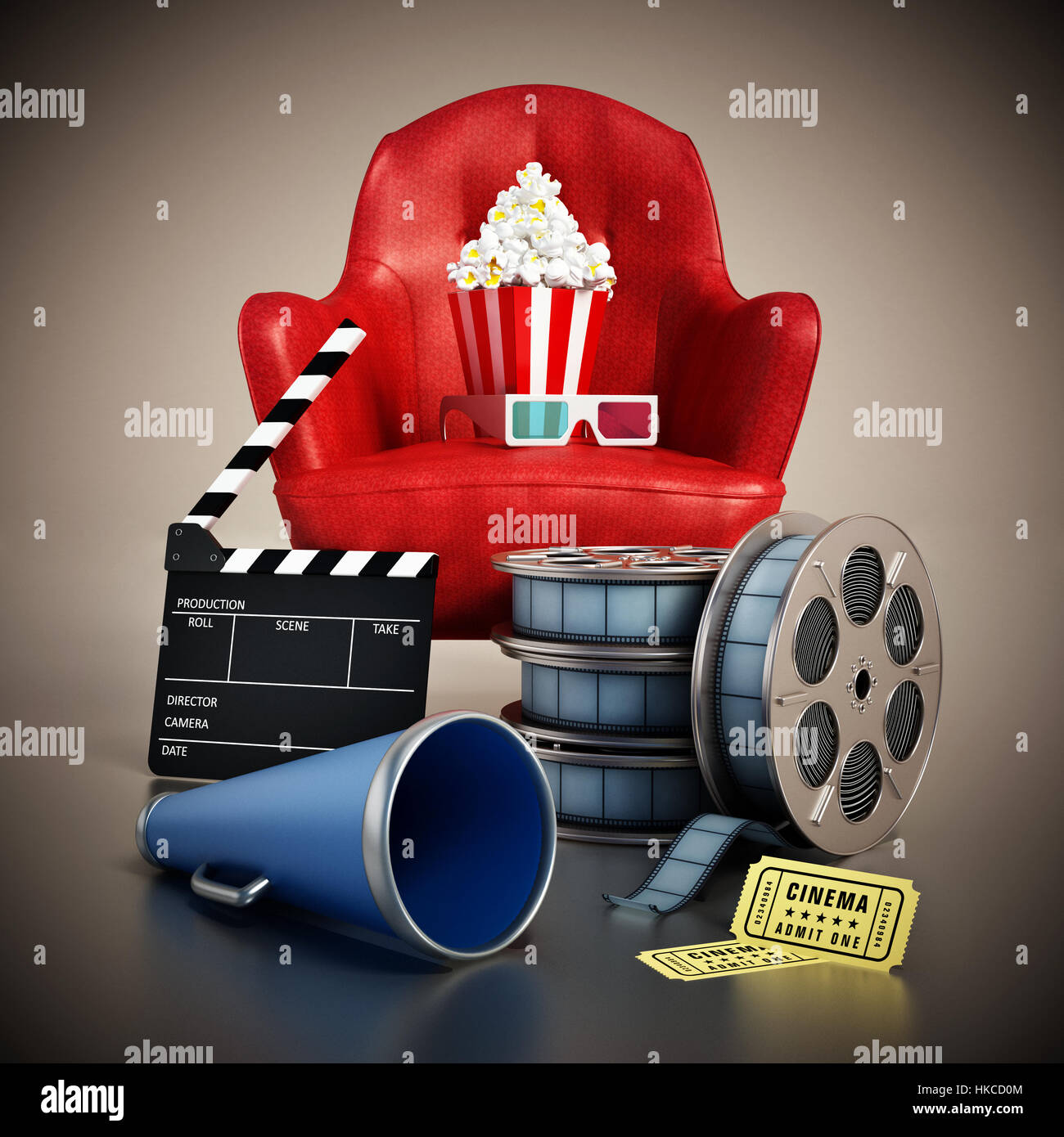 Red seat, pop corn, ticket, film reel and slate. 3D illustration Stock Photo