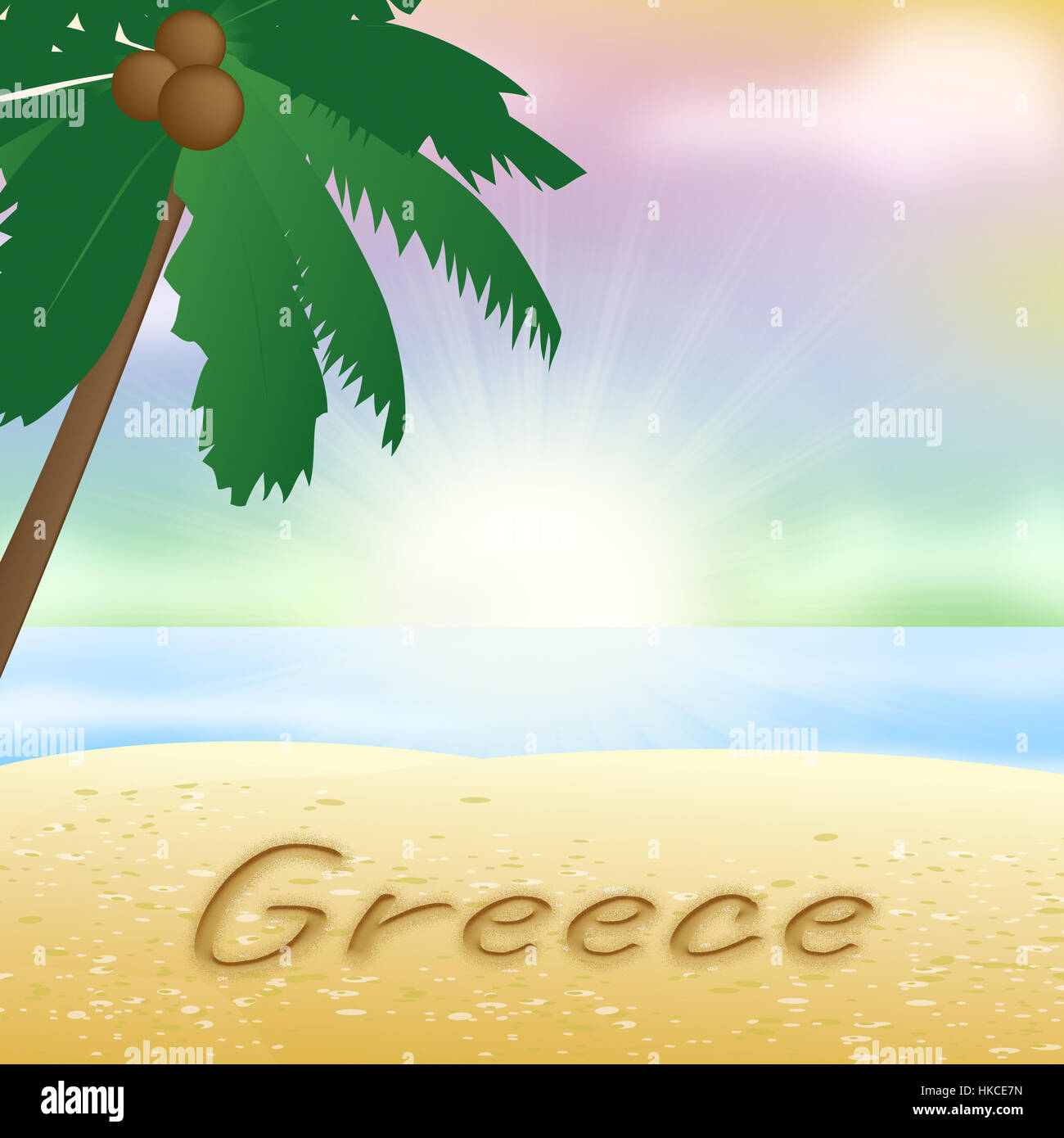 Greece Beach With Palm Tree Holiday Meaning Sunny 3d Illustration Stock Photo