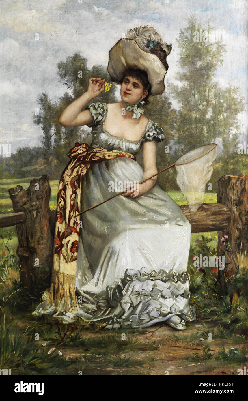 'Junge Dame beim Schmetterlingfangen' by Kaemmerer is a charming portrayal of a young woman chasing butterflies, emphasizing light and natural beauty in a 19th-century European setting. Stock Photo