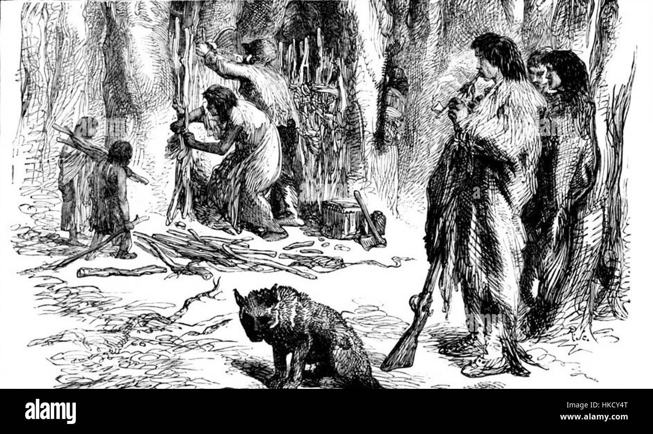 This artwork depicts the construction of a traditional Native American wigwam. The scene illustrates the process of building the shelter using natural materials such as wooden frames and bark, reflecting the architectural practices of indigenous tribes. Stock Photo