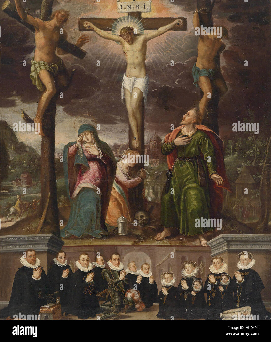 This 1600s painting depicts the crucifixion scene, accompanied by a ...