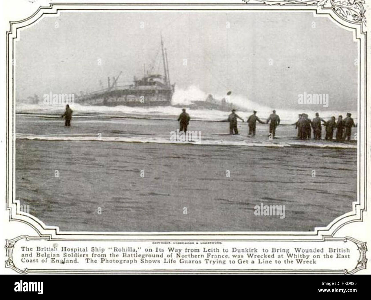 This artwork depicts the Rohilla steamship grounded in 1914, offering a ...