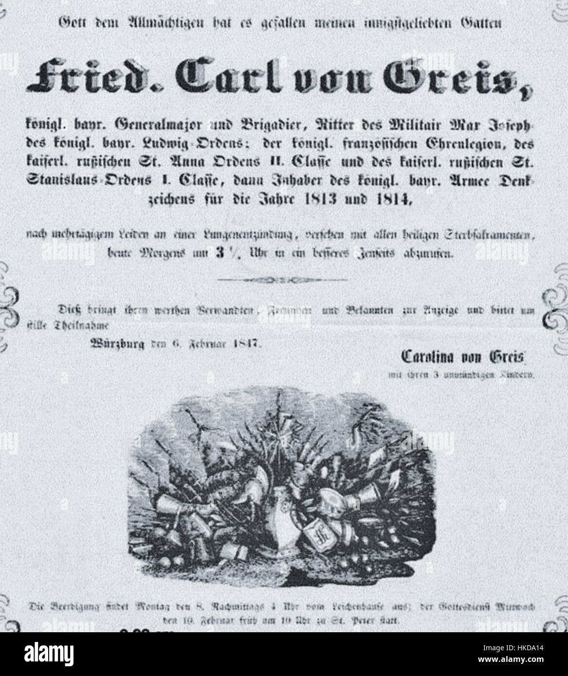 This death notice from 1847 commemorates Ritter von Greis, capturing