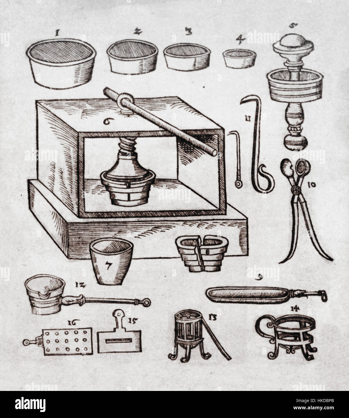 Tools for assay Andreus Libavius Alchemy 1606 Stock Photo