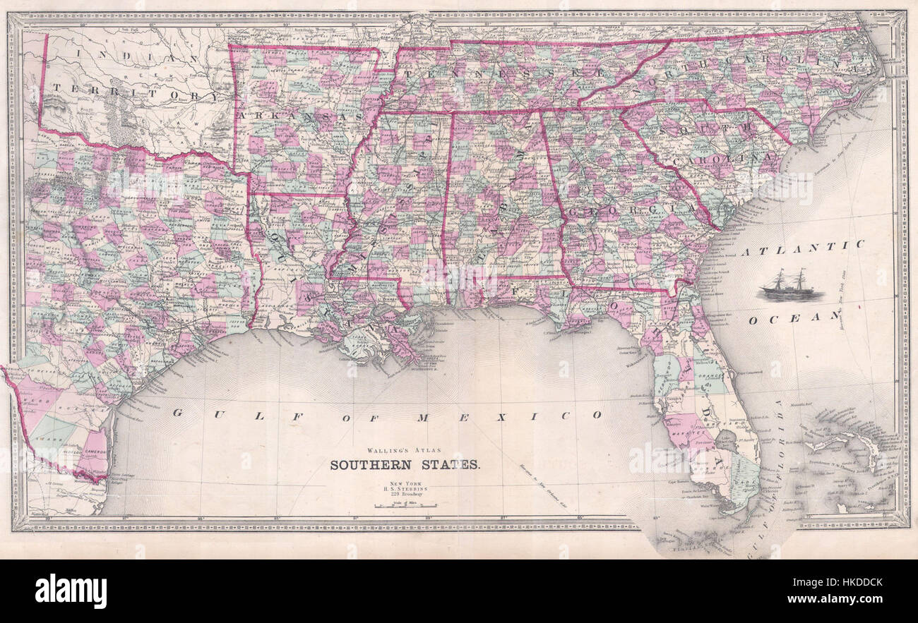 1868 Walling Map of Texas, Florida and the Southern States Geographicus