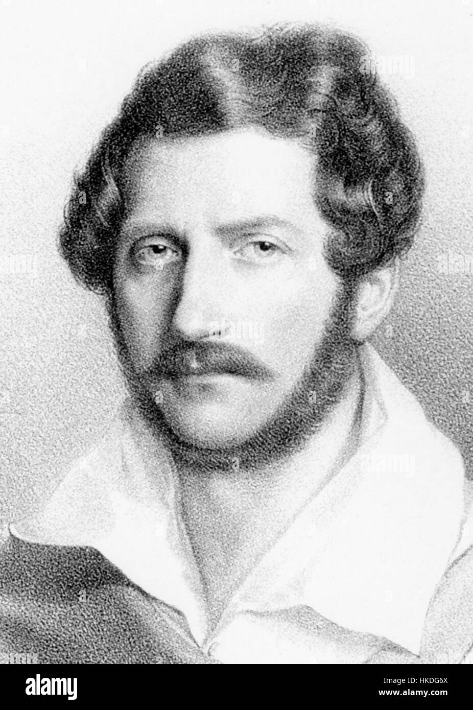 This portrait of composer Gaetano Donizetti highlights his significant contribution to 19th-century opera, showcasing the Romantic era's influence on classical music. Donizetti was a key figure in Italian opera, known for works such as 'L'elisir d'amore' and 'Lucia di Lammermoor.' Stock Photo