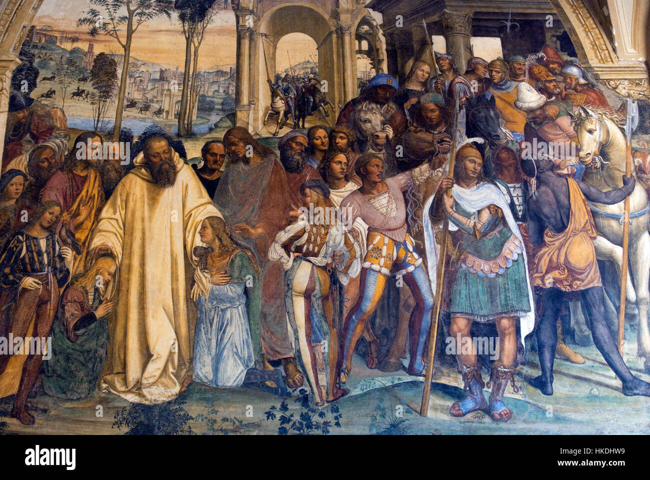 This artwork, 'Come benedetto riceve li due giovanetti romani mauro e placido,' depicts the biblical scene where Saint Benedict welcomes the two Roman youths, Maurus and Placidus, into his monastic community. The painting portrays an important moment in Christian monastic history, emphasizing the role of Saint Benedict in shaping early Christian monasticism. Stock Photo