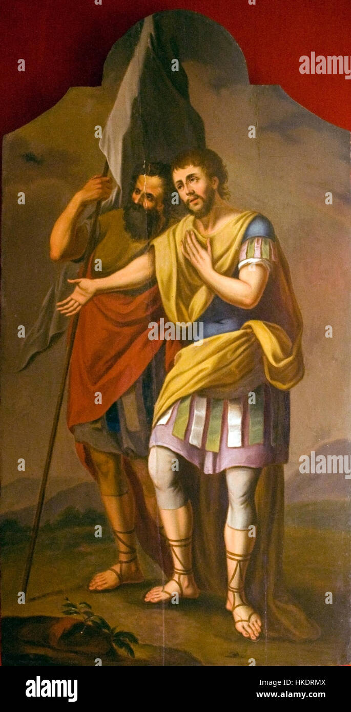 This artwork depicts Longinus, a Roman soldier, often associated with the crucifixion of Jesus. The painting reflects historical and religious themes, capturing a dramatic moment from the ancient world. Stock Photo