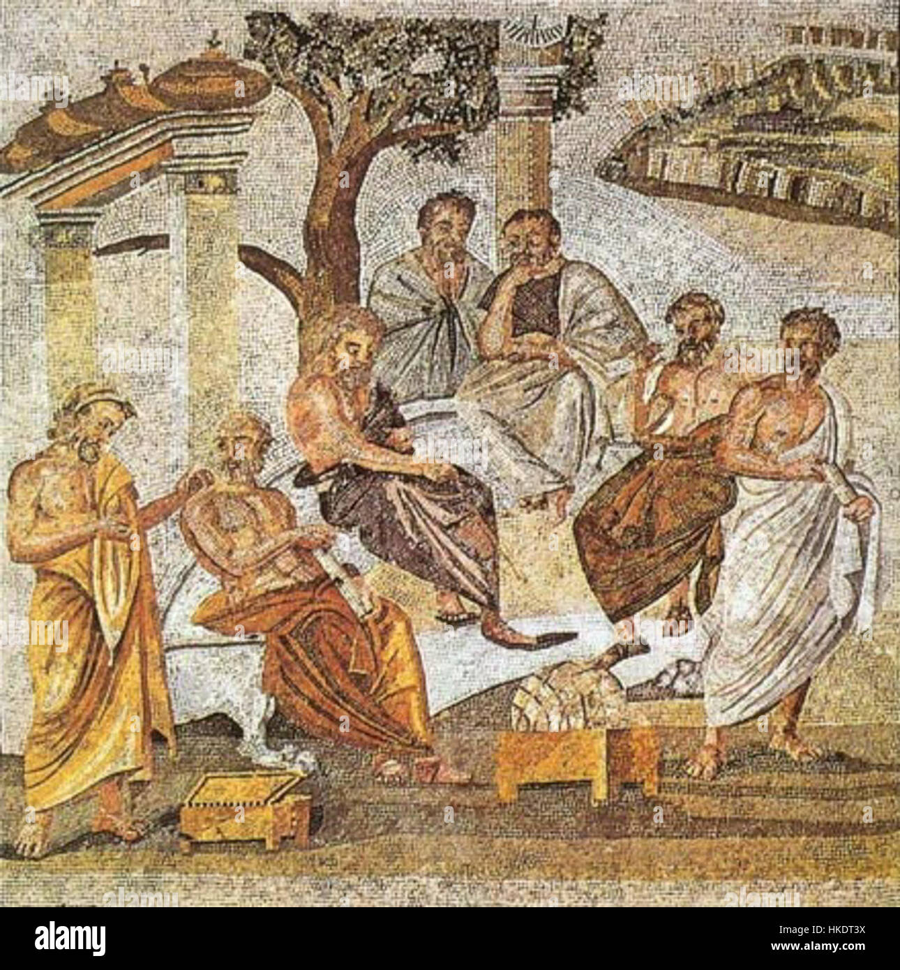 The Plato’s Academy mosaic, found in Pompeii, depicts the great philosopher surrounded by his students. This ancient Roman artwork offers a glimpse into the intellectual life of antiquity and the reverence for philosophy during Roman times. Stock Photo