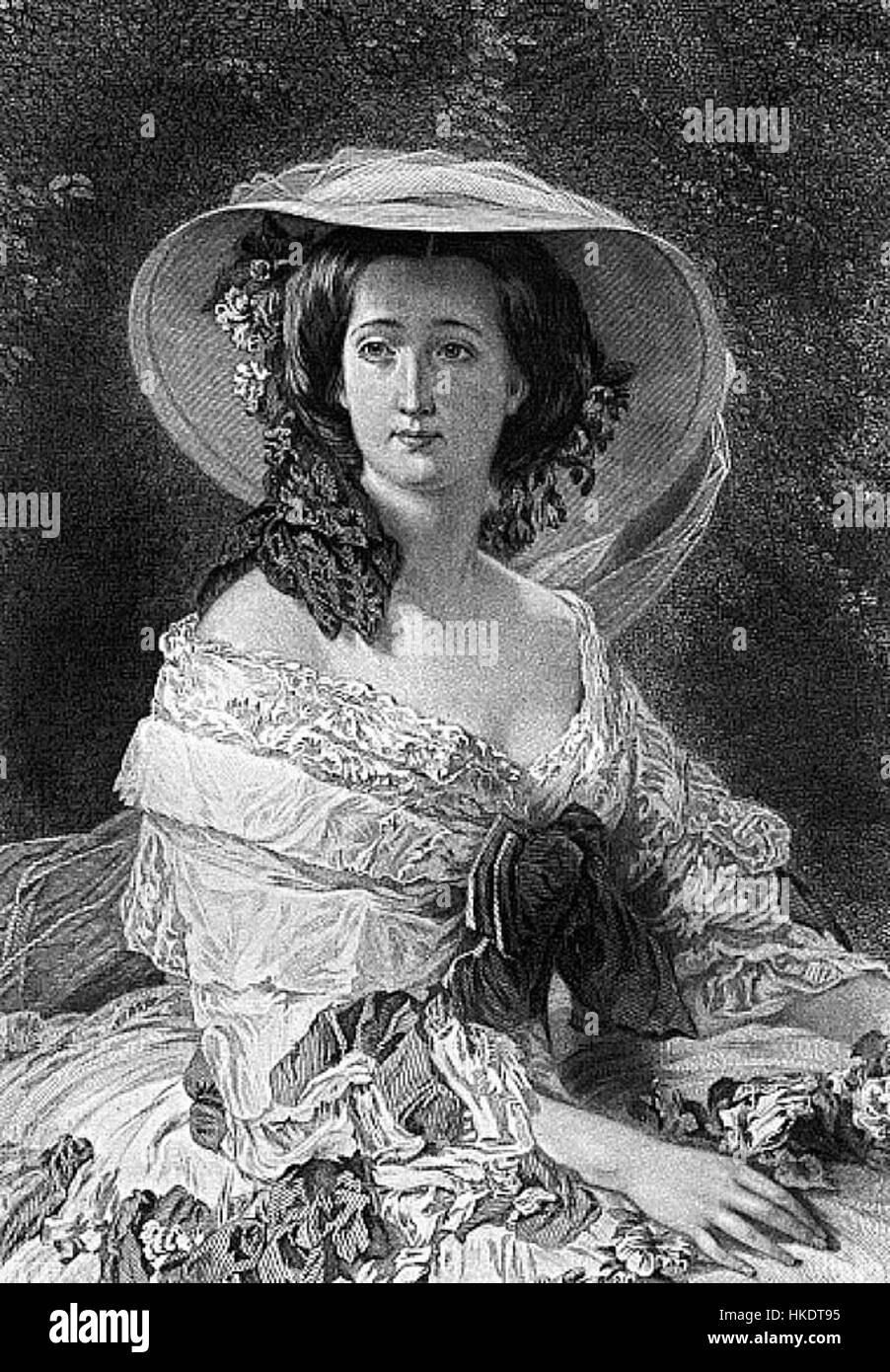 This 19th-century portrait of Empress Eugenie, wife of Napoleon III, showcases her regal presence and elegance. The painting reflects her status as a prominent figure in French history during the Second Empire. Stock Photo