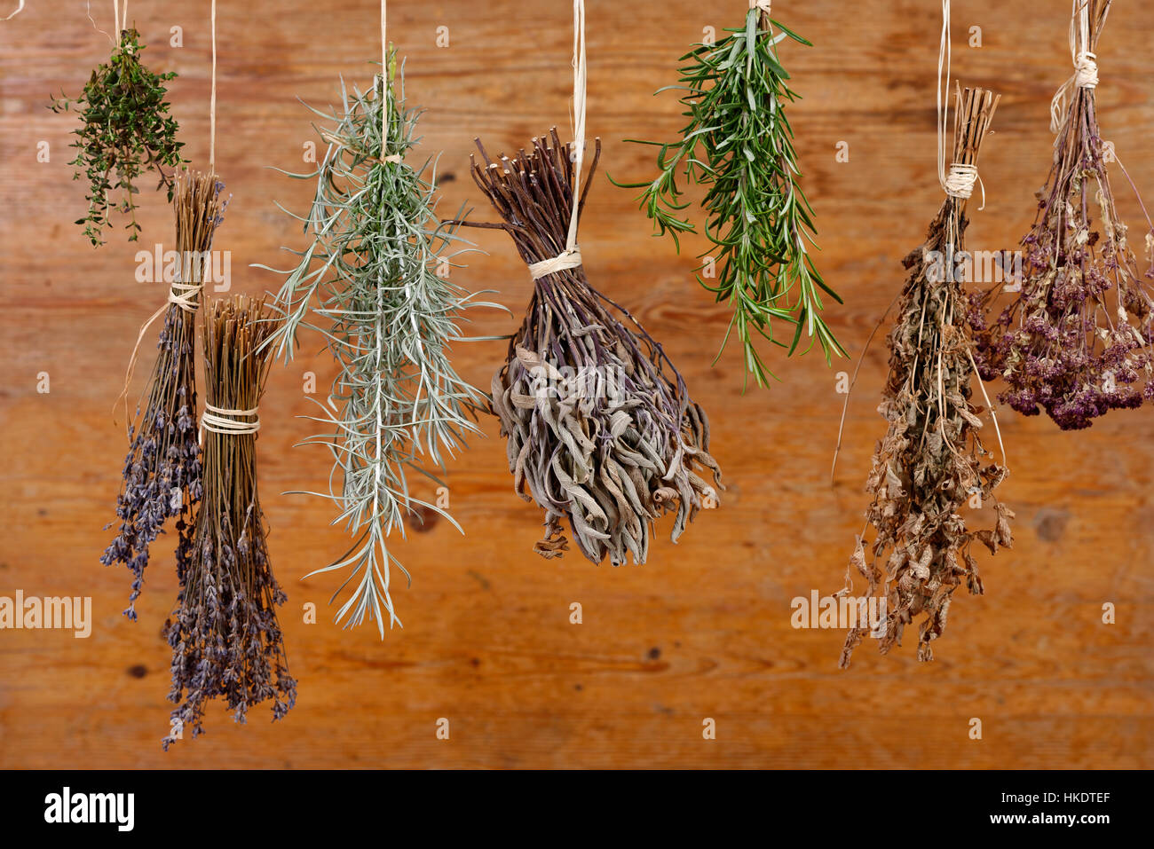 Dried herbs (thyme, lavender, sage, rosemary, verbena) hanging in front