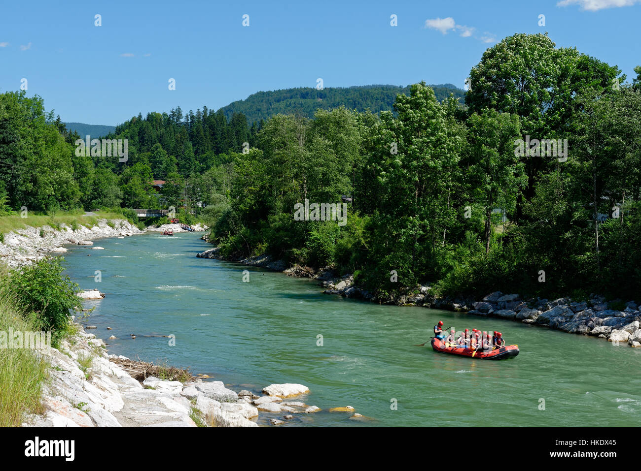 Rafting boat on the Tiroler Achen, Kössen, Tyrol, Austria Stock Photo