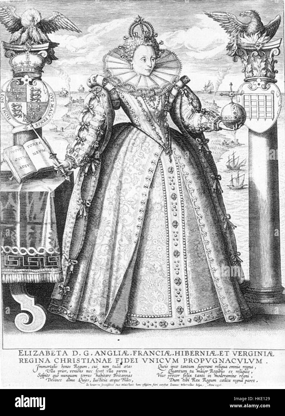 A 1596 engraving by Crispin van de Passe, depicting Queen Elizabeth I of England. The portrait captures her regal appearance, wearing elaborate attire and a crown, emphasizing her power and authority during her reign. Stock Photo