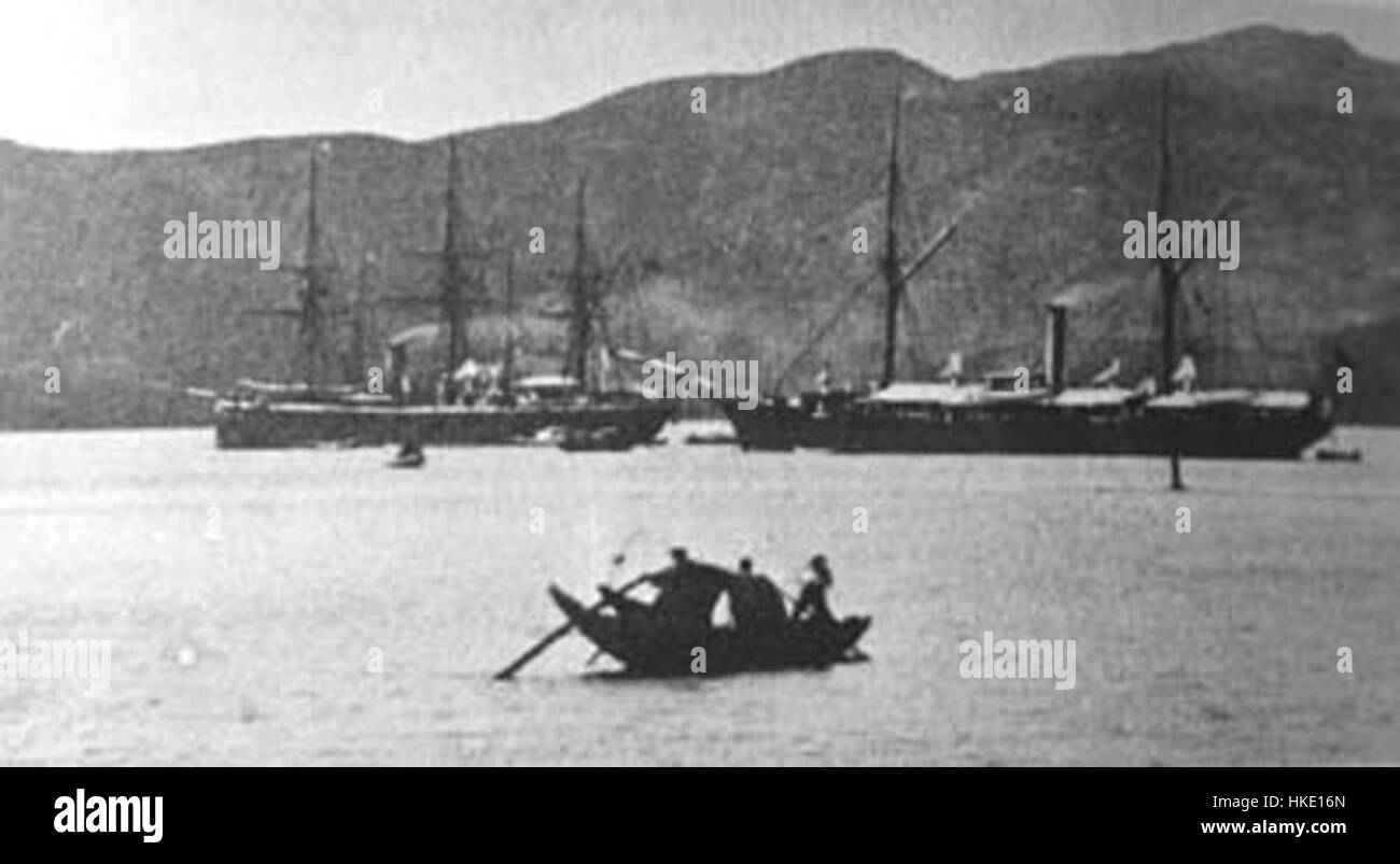 Chinese fleet at anchor the night before the battle of Fuzhou 1884 Stock Photo