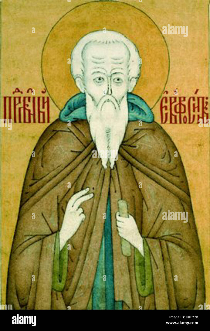 Evfrosin of Pskov is an important religious figure in Russian history, known for his role in the spiritual and cultural development of medieval Russia. The artwork depicting him highlights the Byzantine influence on Russian iconography, with strong use of color and religious symbolism. Stock Photo