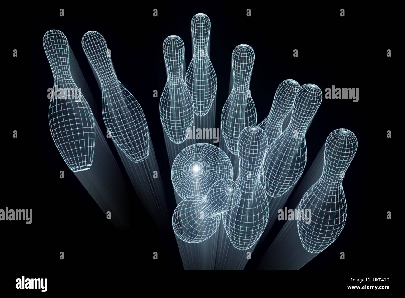 Bowling Pin in Hologram Wireframe Style. Nice 3D Rendering Stock Photo
