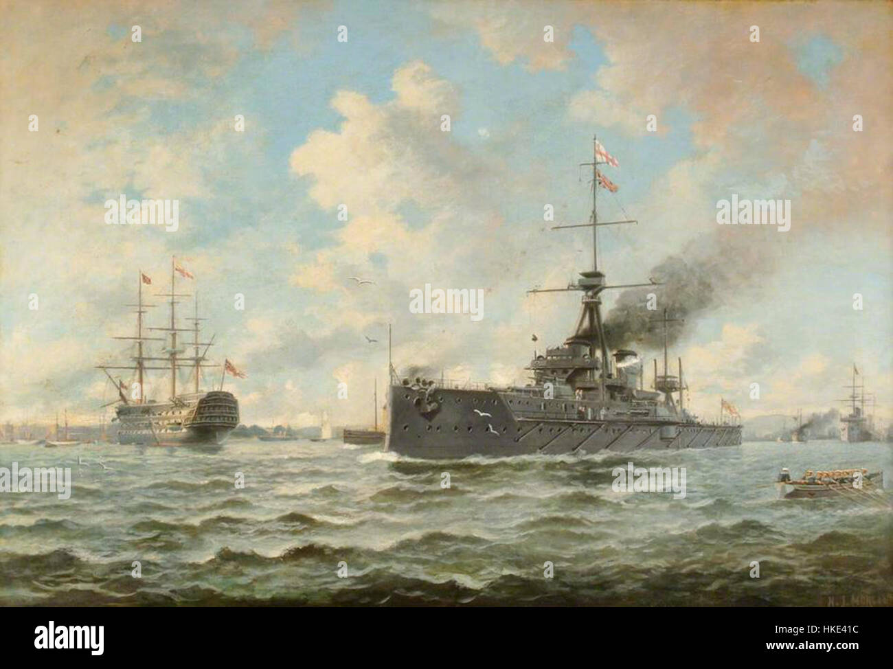 HMS Dreadnought and Victory by Henry J Morgan Stock Photo