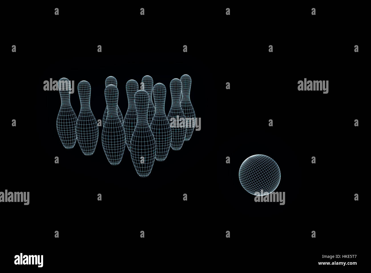 Bowling Pin in Hologram Wireframe Style. Nice 3D Rendering Stock Photo