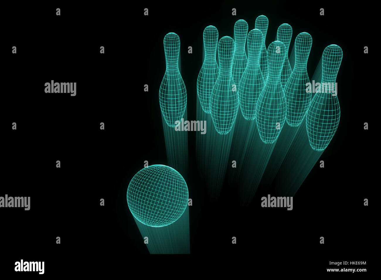 Bowling Pin in Hologram Wireframe Style. Nice 3D Rendering Stock Photo