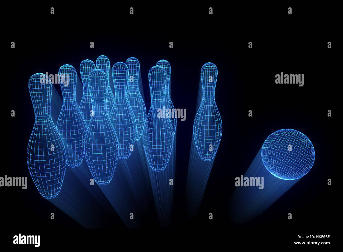 Bowling Pin in Hologram Wireframe Style. Nice 3D Rendering Stock Photo