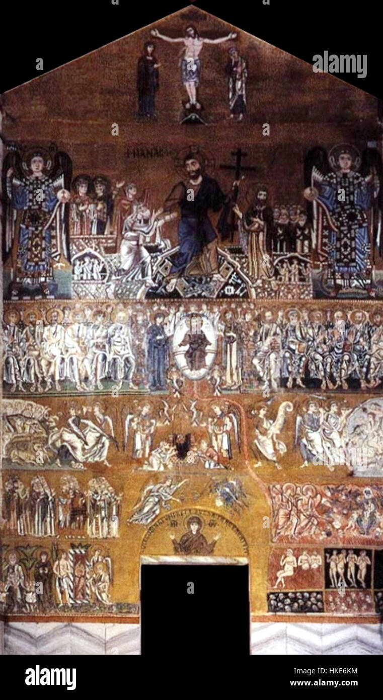 The 'Last Judgement' painting at the Basilica di Santa Maria Assunta in Torcello depicts the final judgment scene from Christian theology. It showcases divine judgment, with angels, saints, and sinners depicted in a dramatic and detailed composition. Stock Photo
