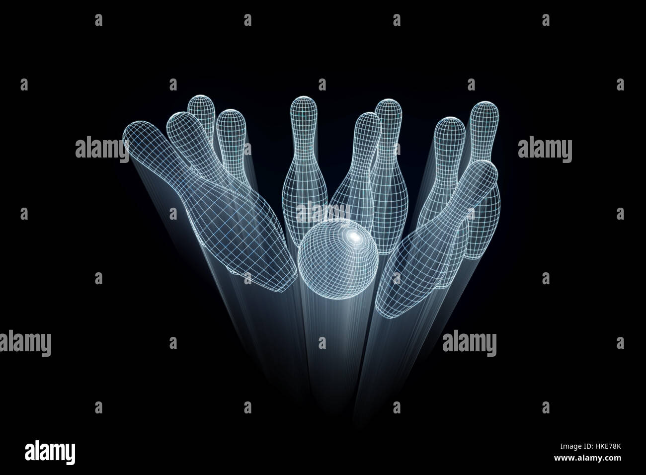 Bowling Pin in Hologram Wireframe Style. Nice 3D Rendering Stock Photo