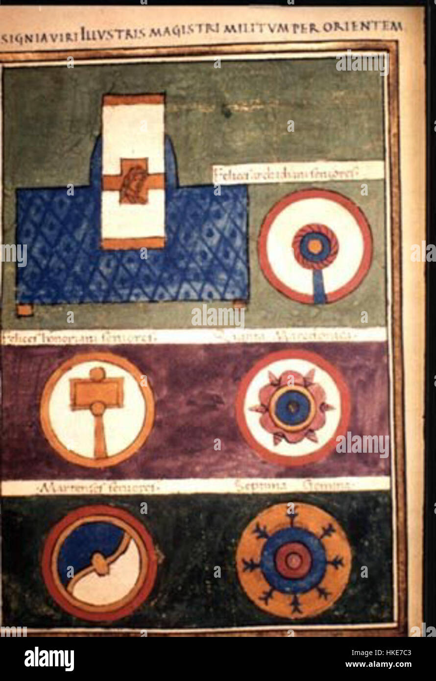 The artwork 'Magister Militum per Orientem' depicts a military leader from the Eastern Roman Empire. The title refers to a high-ranking officer in charge of the eastern forces, showcasing the importance of military leadership in ancient Rome during the 4th to 5th centuries. The depiction highlights Roman military attire and the authority of the officer. Stock Photo