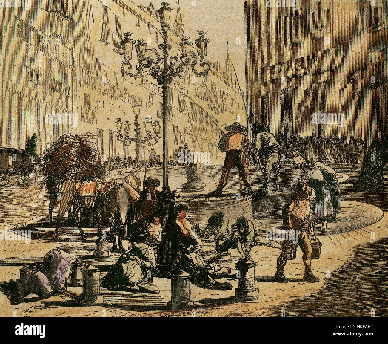 Spain. Madrid. Fountain in the Puerta del Sol at the end of 18th century and the beggining of 19th century. Colored engraving. Stock Photo