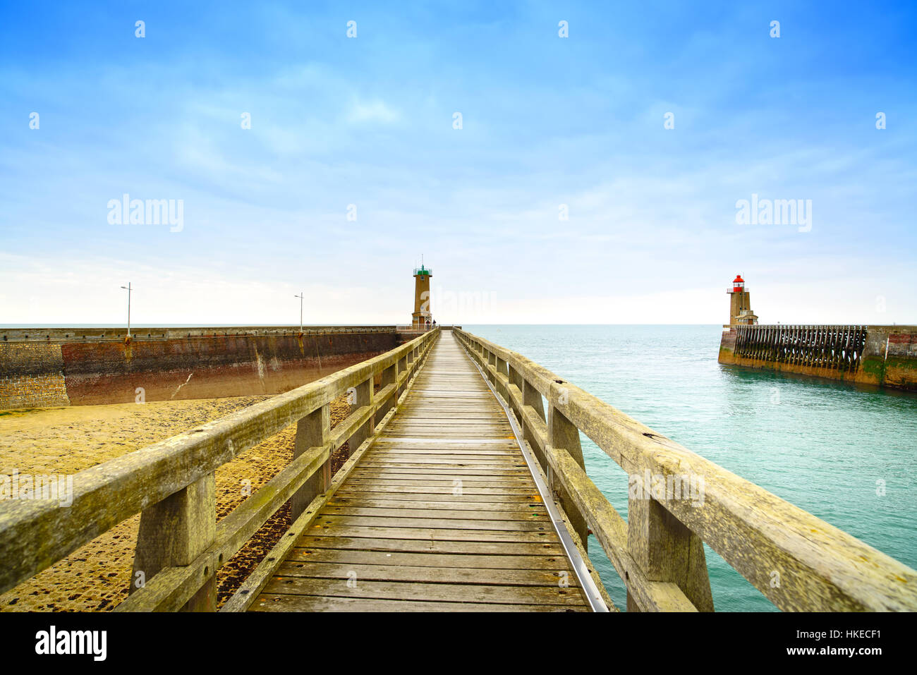 Pier and lighthouse, panoramic view. Fecamp harbor. Normandy France. Stock Photo
