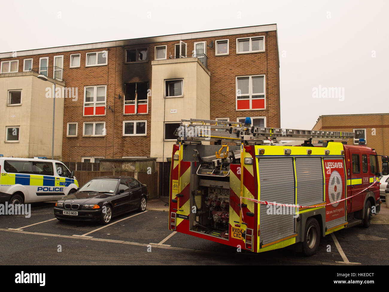 General view of the scene of a fatal house fire at a on