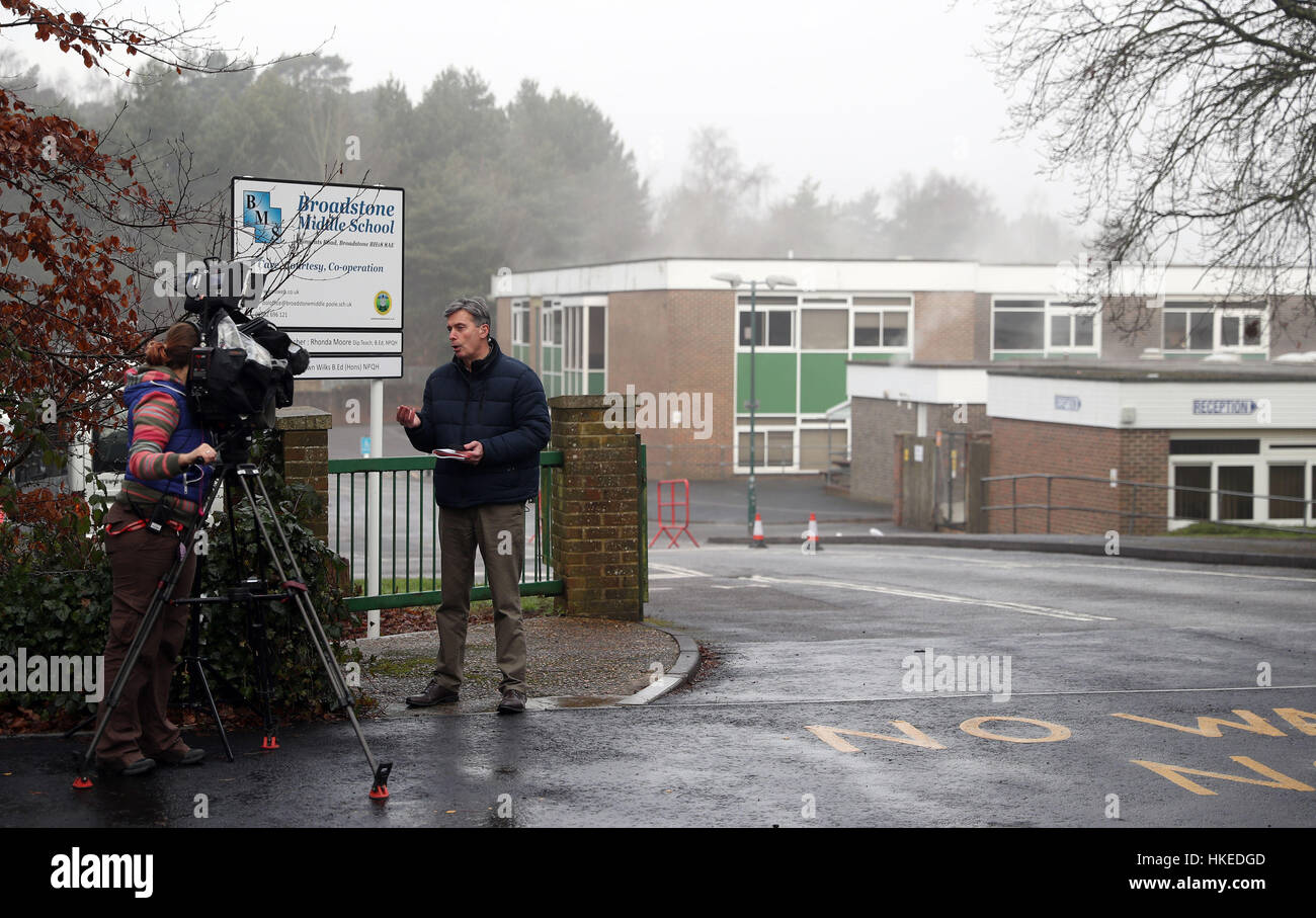 Media presence outside Broadstone Middle School near to Poole in Dorset
