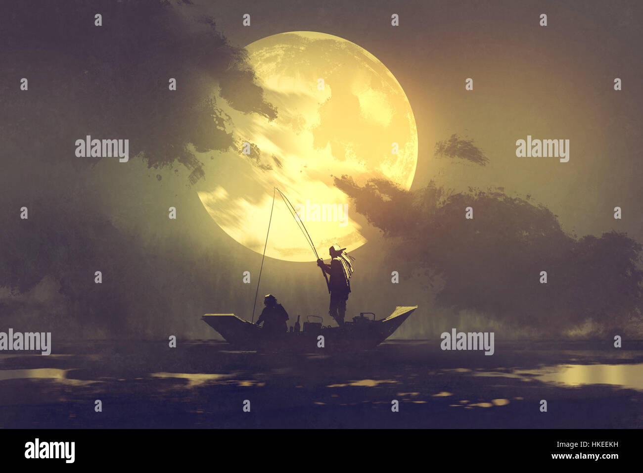 silhouette of fishermen with fishing rod on boat and big moon on background,illustration painting Stock Photo