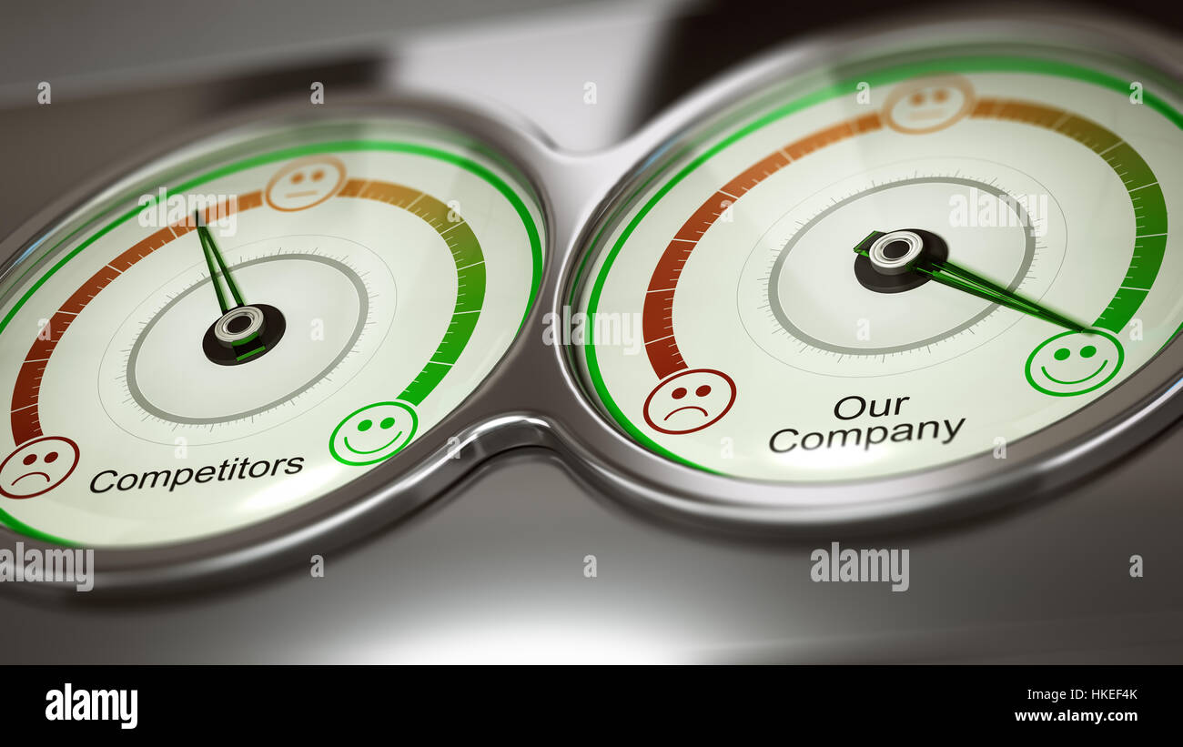 Conceptual 3D illustration of two gauges with text competitors and our company to measure performance,  horizontal image. Concept of business benchmar Stock Photo