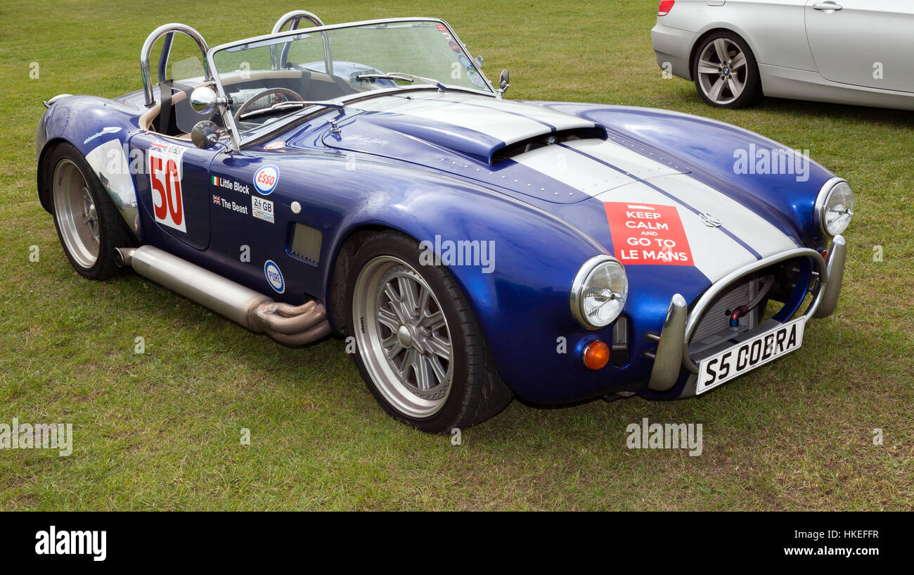 Threequarter view of a AC Cobra on display in the AC owners Club Zone
