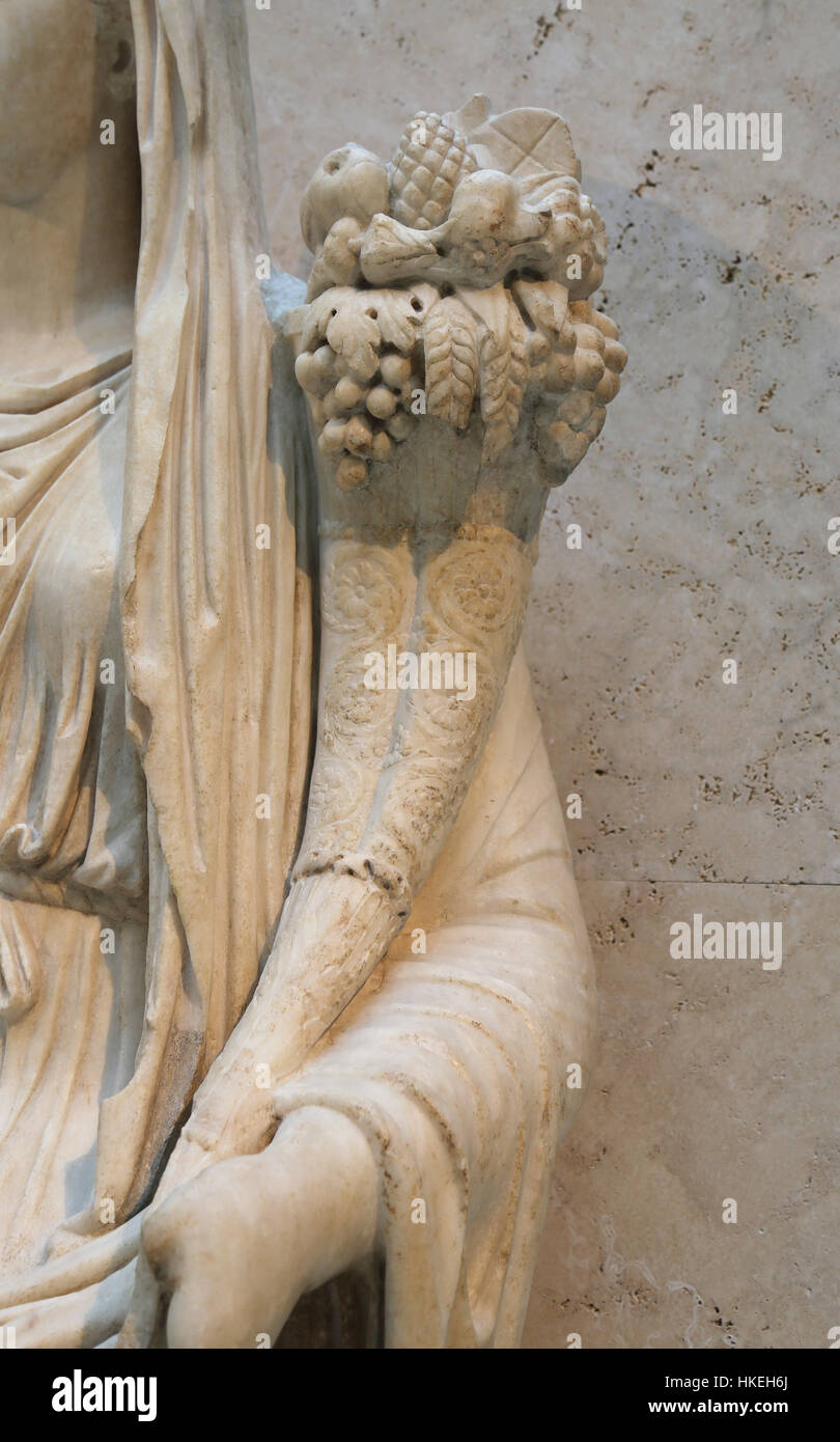Empress Livia (58 BC-29 AD) as Fortuna or Copia. Marble. 20-40. Iponuba. Baena, Cordoba. Detail cornucopia.  Archaeological Museum, Madrid. Spain. Stock Photo