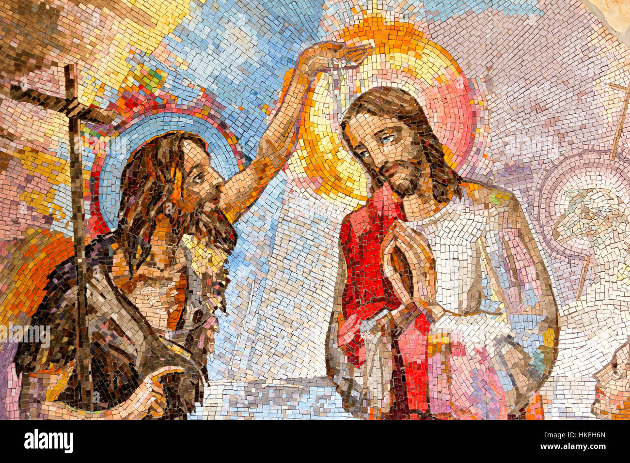 Mosaic of the baptism of Jesus Christ by Saint John the Baptist as the first Luminous mystery. Stock Photo