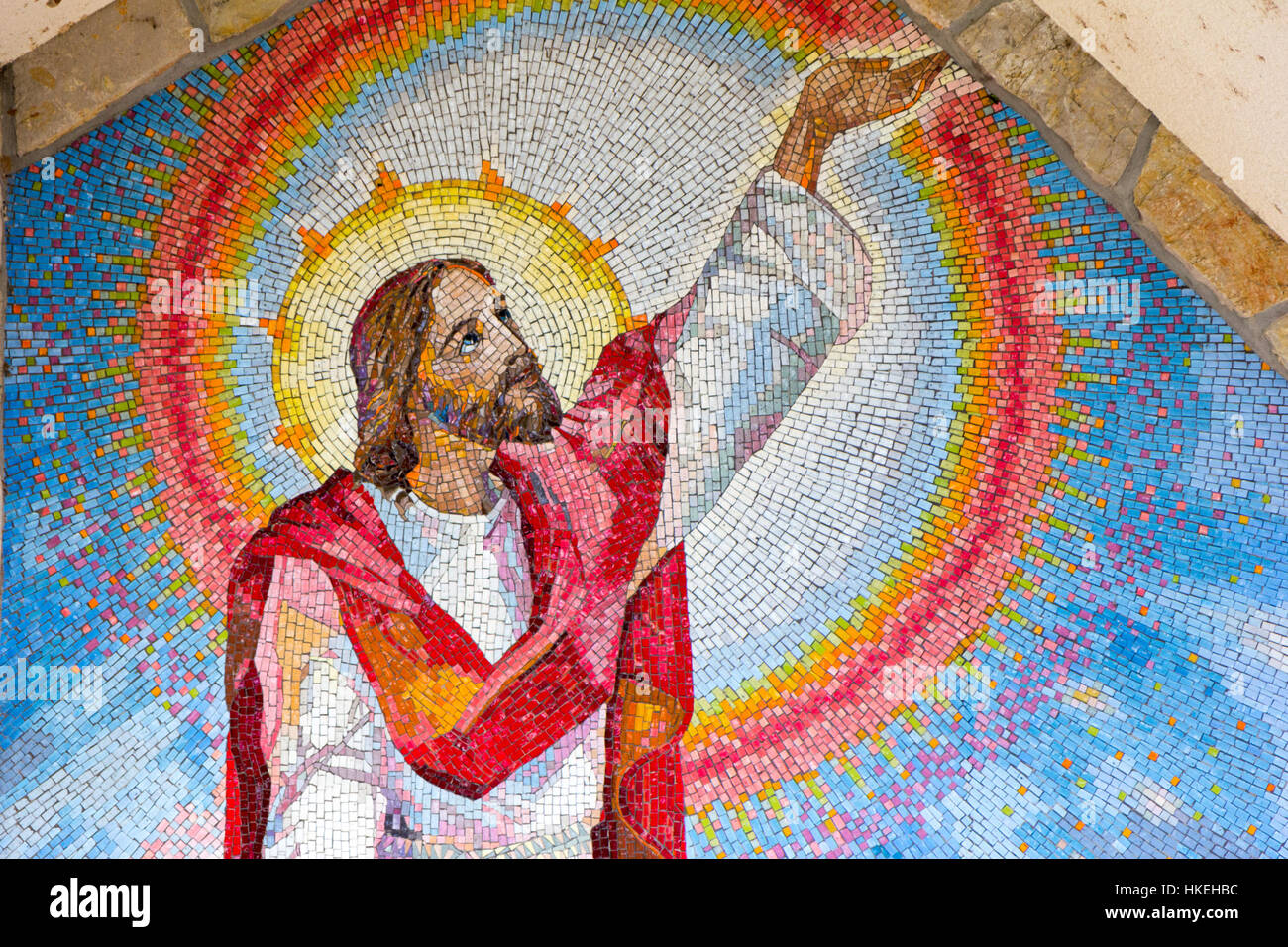 Mosaic of Jesus Christ proclaiming the kingdom of God with his call to conversion. The third luminous mystery. Stock Photo