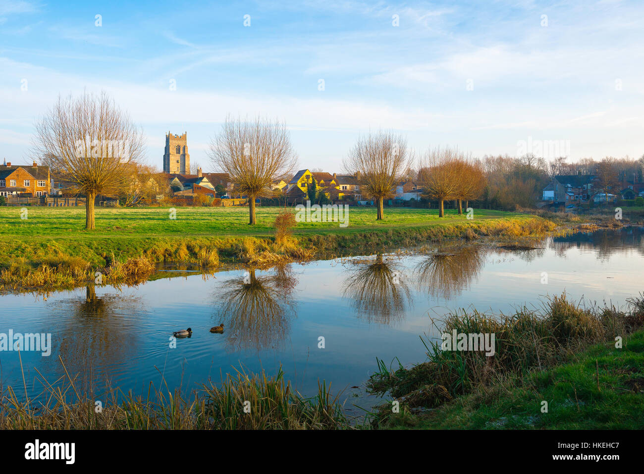 Sudbury Suffolk, winter view of the River Stour passing through the water meadows along the southern edge of the town of Sudbury in Suffolk, UK. Stock Photo